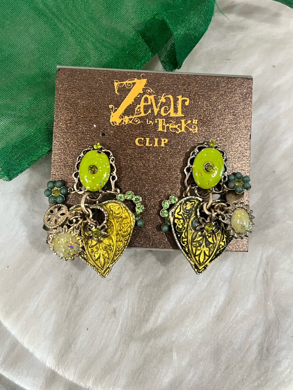 NEW Zevar by Treska Boho Steampunk Heart Green Dangle Drop Clip-On Earrings